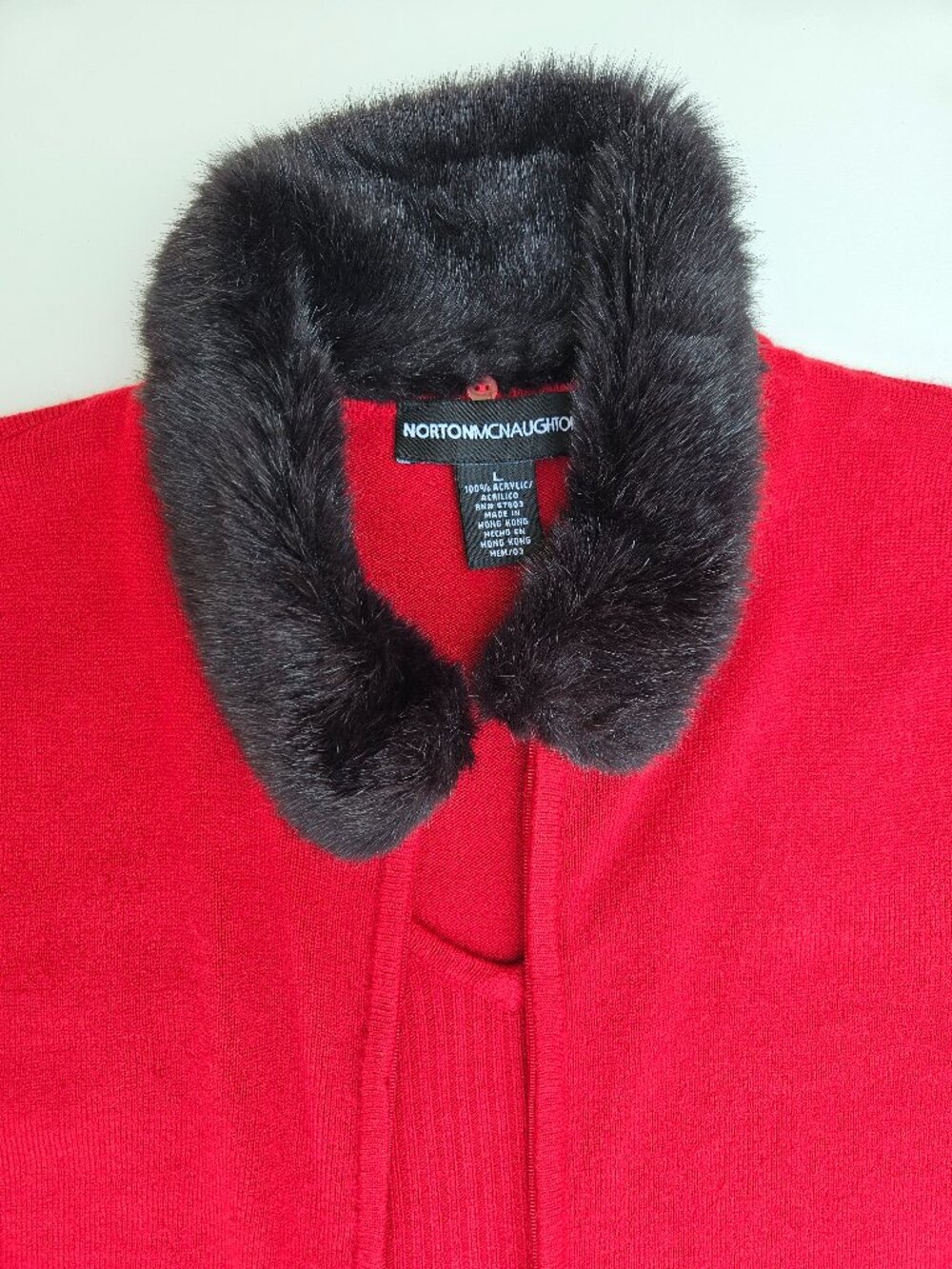 Norton McNaughton Women’s L Red Zip Cardigan Faux Fur Collar Y2K